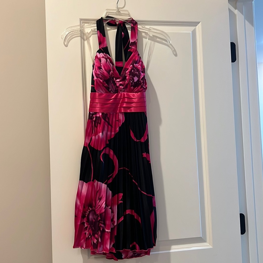 Black halter dress with pink flowers